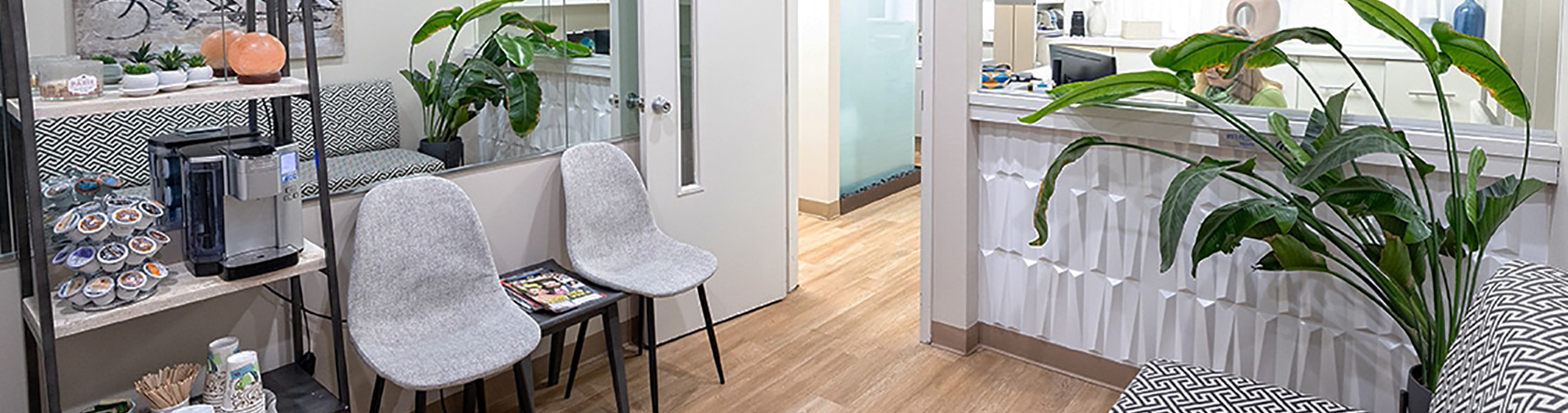 A well-lit reception area with a desk, computer monitor, and potted plant.